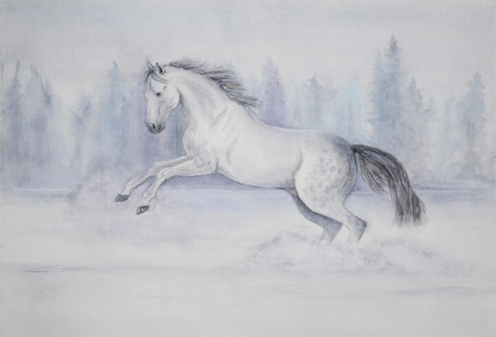 White horse enjoying winter Картина, 14,2x21,3 in