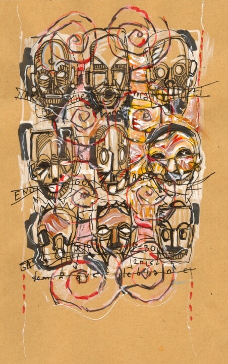 Tekening getiteld "Masques" door Dominique Leblanc, Origineel Kunstwerk, Marker