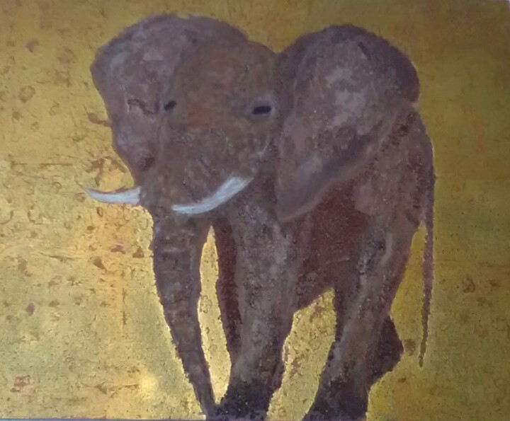 Eléphant à la feuille d'or 绘画, 21.7x25.6 in