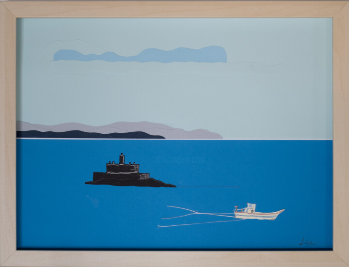 Collages titulada "Bugio lighthouse gu…" por Lina Alves, Obra de arte original, Collages Montado en Cartulina