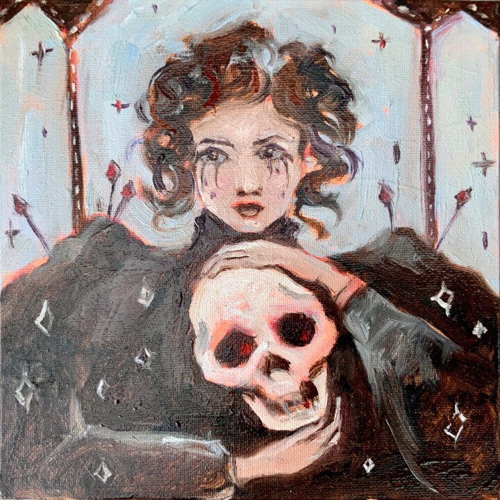 Woman with Skull 绘画, 8x8 in