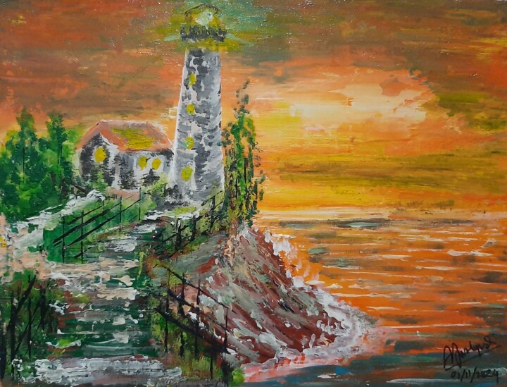 Картина под названием "Lighthouse during s…" - Ajw, Подлинное произведение искусства, Акрил Установлен на Деревянная панель