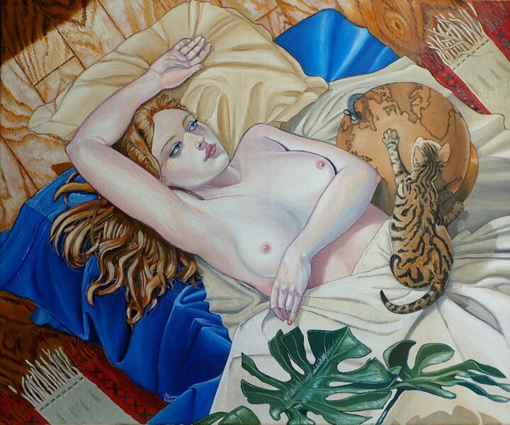 Girl with a globe and a cat 绘画, 19.7x23.6 in