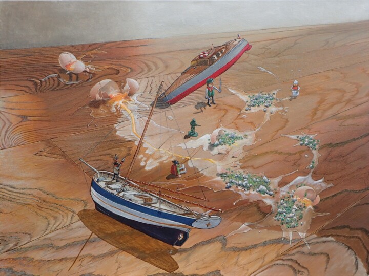 Oeufs cassés sur un parquet, îles et jouets 绘画, 20.9x28.4 in