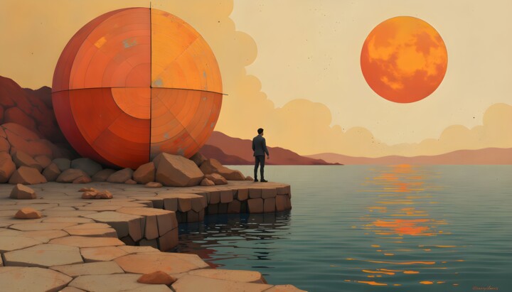 Küstenpanorama mit riesiger Kugel und Sonnenuntergang Digital Arts