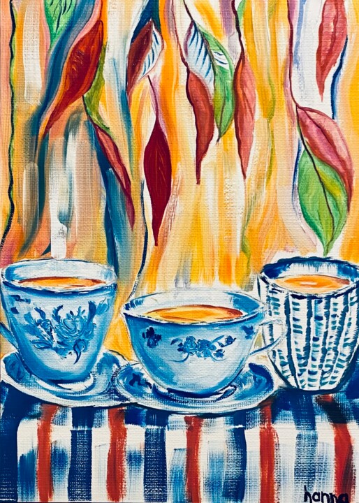 Tea Time Harmony: An Autumn Reflection 그림, 10.2x7.5 in
