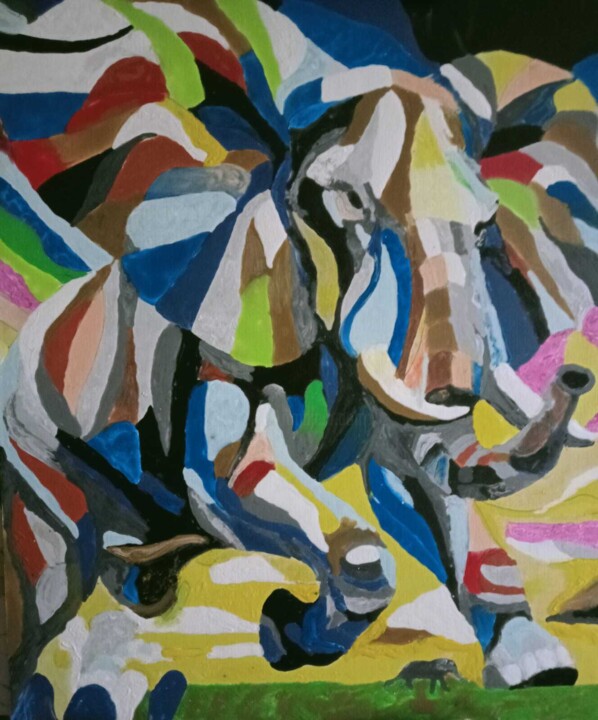 Peinture intitulée "La course de l'élép…" par Audran, Œuvre d'art originale, Pigments