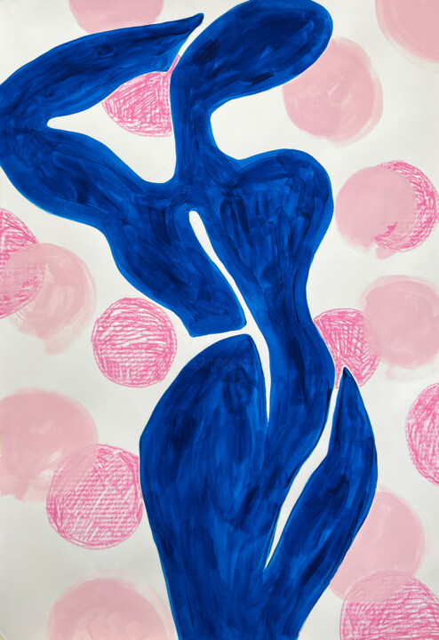 Blue and Pink Modern Minimalist Painting on White Paper 绘画, 33.9x24 in