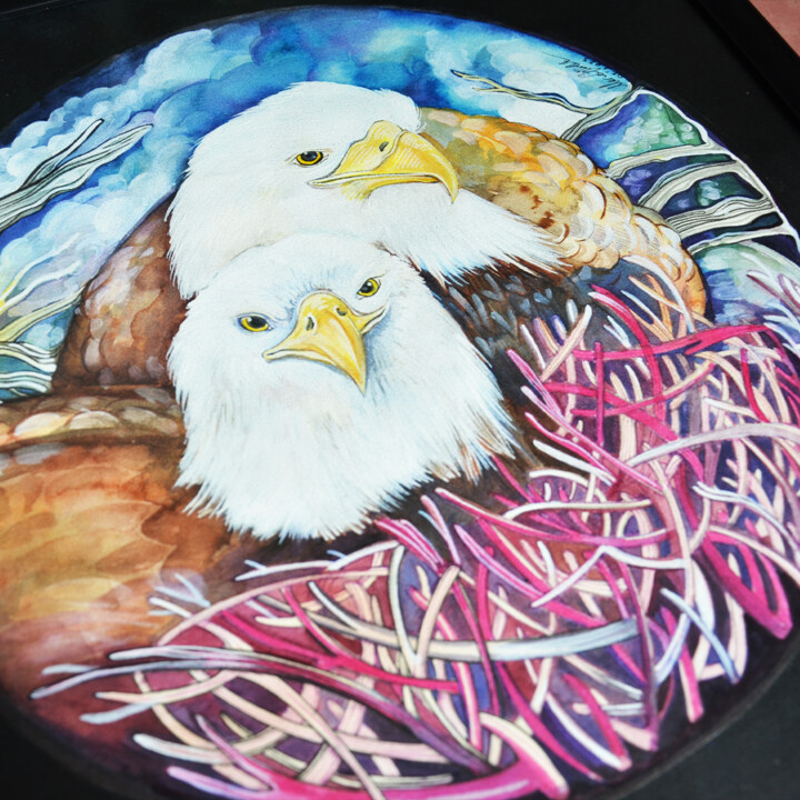 绘画 标题为“eagle family” 由Merve Gürlek, 原创艺术品, 水彩 安装在纸板上