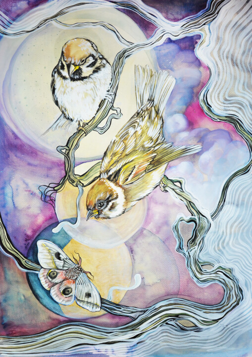 绘画 标题为“sparrows and butter…” 由Merve Gürlek, 原创艺术品, 水彩