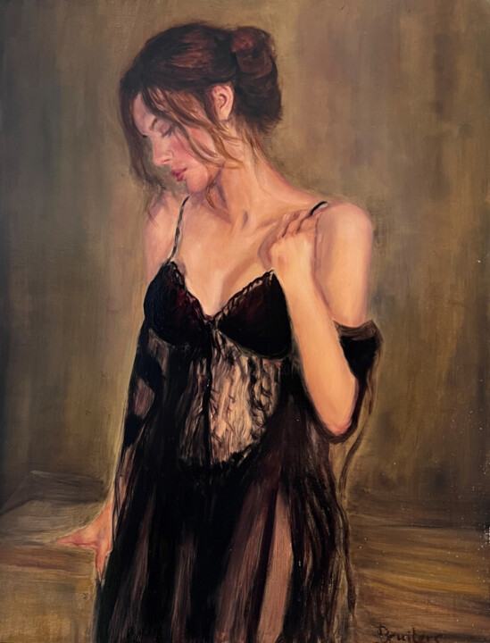 Painting titled "Quietly" by Petra Gruiters, Original Artwork, Oil Mounted on Wood Panel
