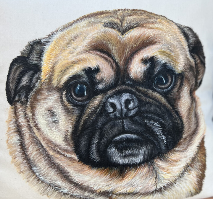 pet portrait on pillow. Pug portrait. 绘画, 5.9x5.9 in