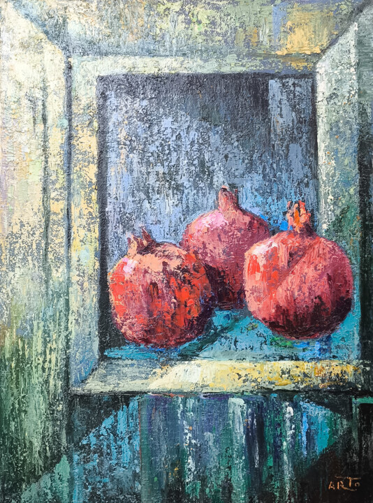 Schilderij getiteld "Still Life in Textu…" door Arto Mkrtchyan, Origineel Kunstwerk, Olie Gemonteerd op Frame voor houten br…