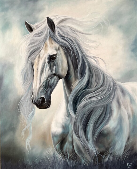 Painting titled "«Horse like princes…" by Kateryna Ponomarenko, Original Artwork, Oil Mounted on Wood Stretcher frame