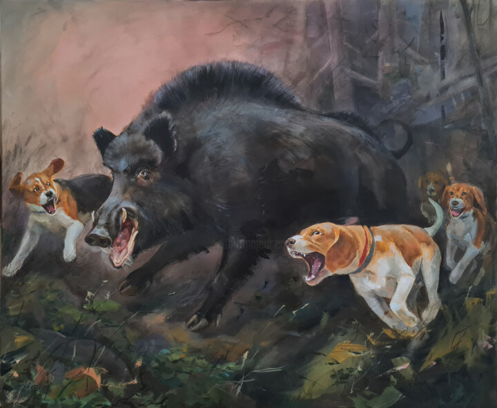 Boar Hunt with Dogs 绘画, 25.6x31.9 in