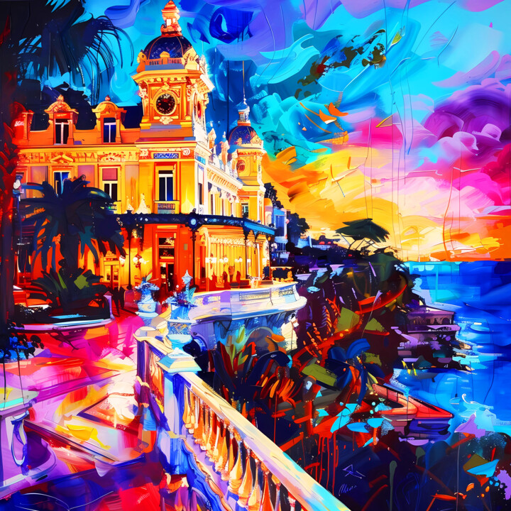 Sunset in Monte Carlo. Colorful bright colors cityscape 数字艺术, 39.4x39.4 in