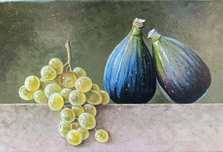 Golden Grapes, Indigo Figs 绘画, 7.9x11.8 in