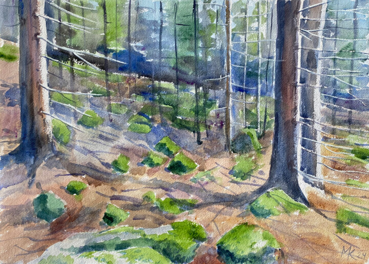 Sunlit Forest Serenity - Watercolor of Trees and Mossy Rocks Painting, 14x19.8 in
