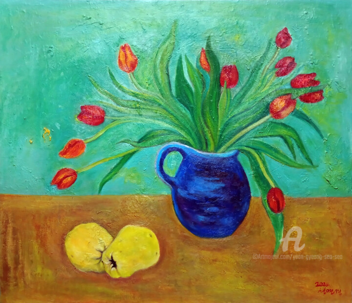 Painting titled "Tulips in Blue Vase…" by Yeon-Gyeong Seo (Seo), Original Artwork, Oil