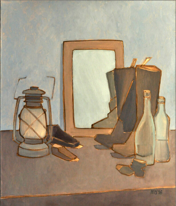 BLUE STILL LIFE WITH A MIRROR 绘画, 27.6x23.6 in