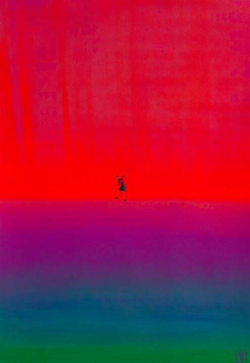 Paisaje onírico. Mujer alzando el vuelo en fondo rojo Tablo, 27,6x19,7 in