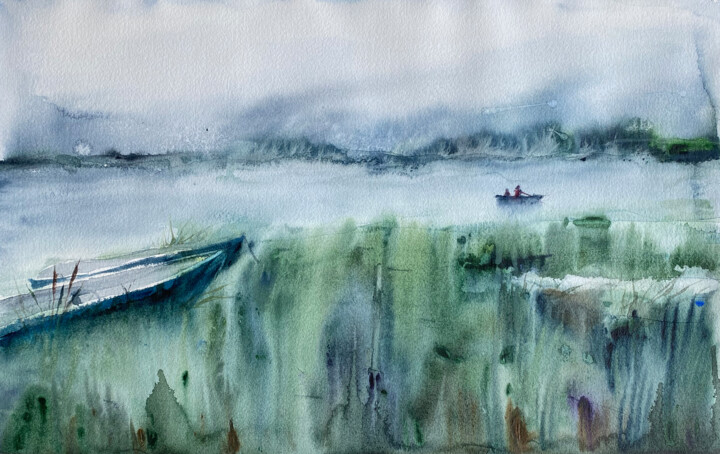 Fishing - Impressionist Watercolor of Boat on a Lake 绘画, 12x19 in