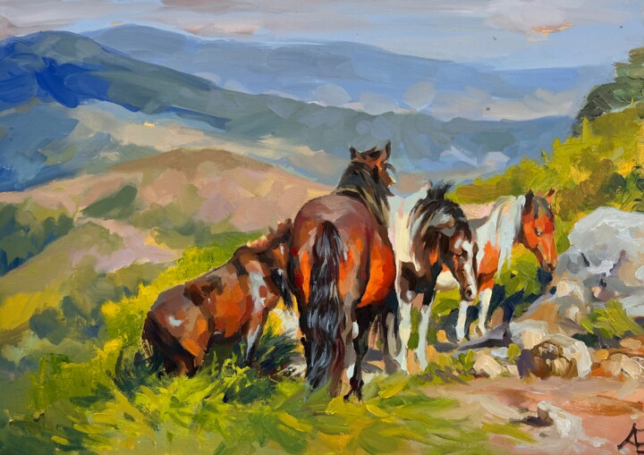Chevaux dans les montagnes, peinture à l'huile 绘画, 19.3x27.6 in