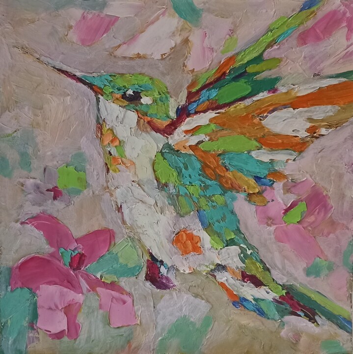 Hummingbird Painting Bird Impasto Original Colorful Art 绘画, 7.9x7.9 in