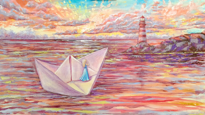 The journey of a paper boat Painting, 15.8x27.6 in