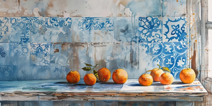 Portuguese Harvest on Azulejo Time – Tangerines 绘画, 9.8x19.7 in