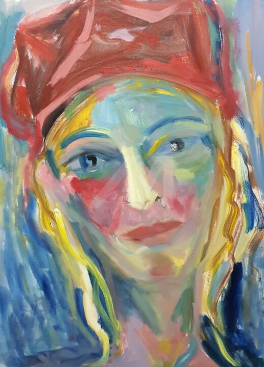 A woman in a red cap 绘画, 31.5x23.6 in