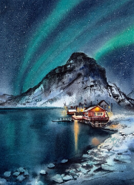 Lofoten Island Scandinavian. Northern lights 绘画, 15x11 in