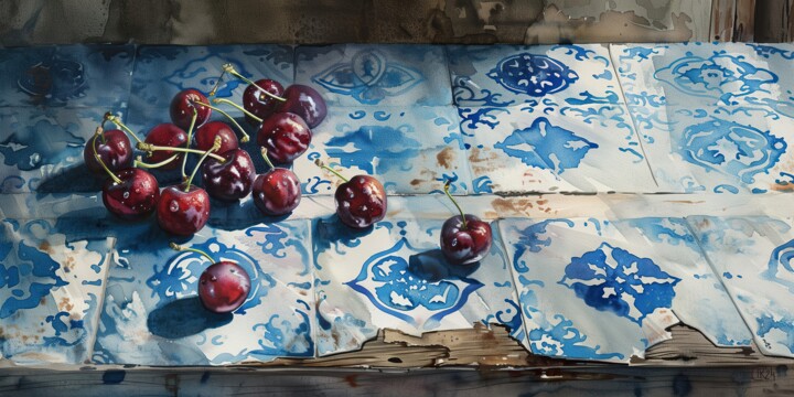 Portuguese Harvest on Azulejo Time – Cherries 绘画, 9.8x19.7 in