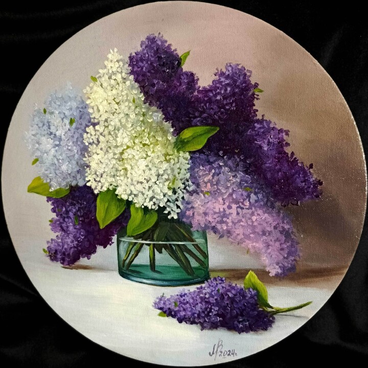 Modèle rond lilas. Nature morte florale. Peinture à l'huile. Tablo, 11,8x11,8 in