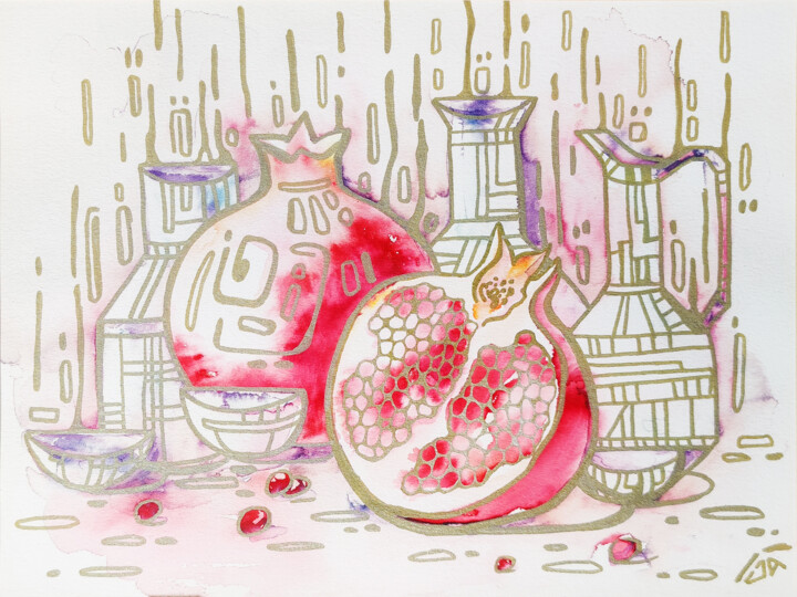 Still life with pomegranates II 绘画, 9.5x12.6 in