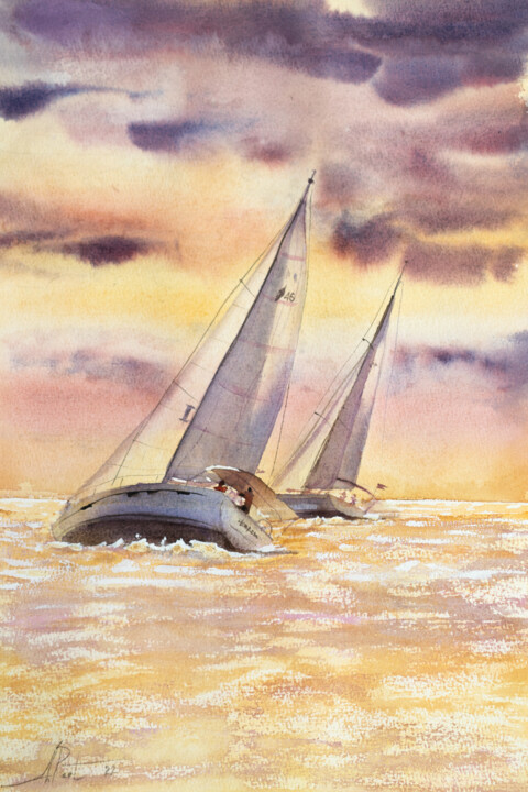 Painting titled "Regatta" by Alena Root, Original Artwork, Watercolor
