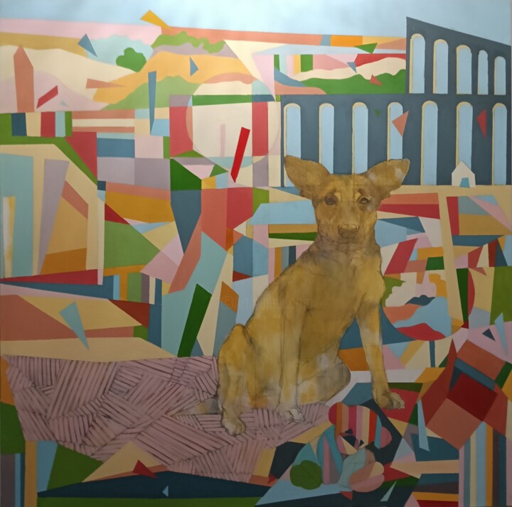 Painting titled "CROQUIS DOG" by África Gil, Original Artwork, Acrylic Mounted on Wood Stretcher frame