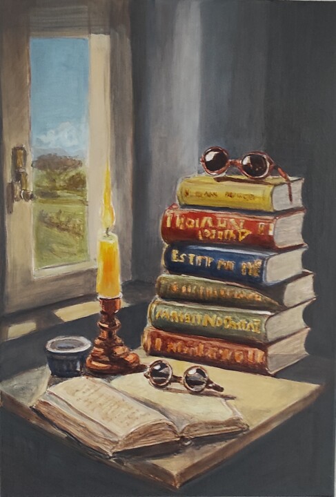 Peinture intitulée "Lecture" par Pascal Bourgouin, Œuvre d'art originale, Huile Monté sur Châssis en bois