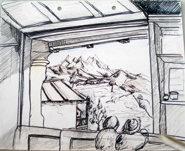 Peinture intitulée "chokhamba hills fro…" par Suddha Sama, Œuvre d'art originale, Stylo gel