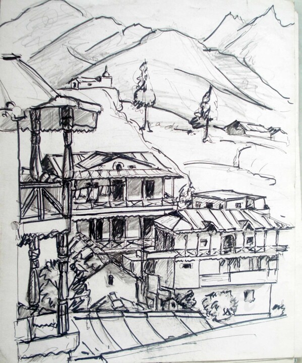 Dessin intitulée "a view ,GUPT KASHI" par Suddha Sama, Œuvre d'art originale, Stylo gel