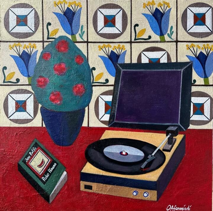 Stillife with vinyl record player and azulejo 绘画, 23.6x23.6 in