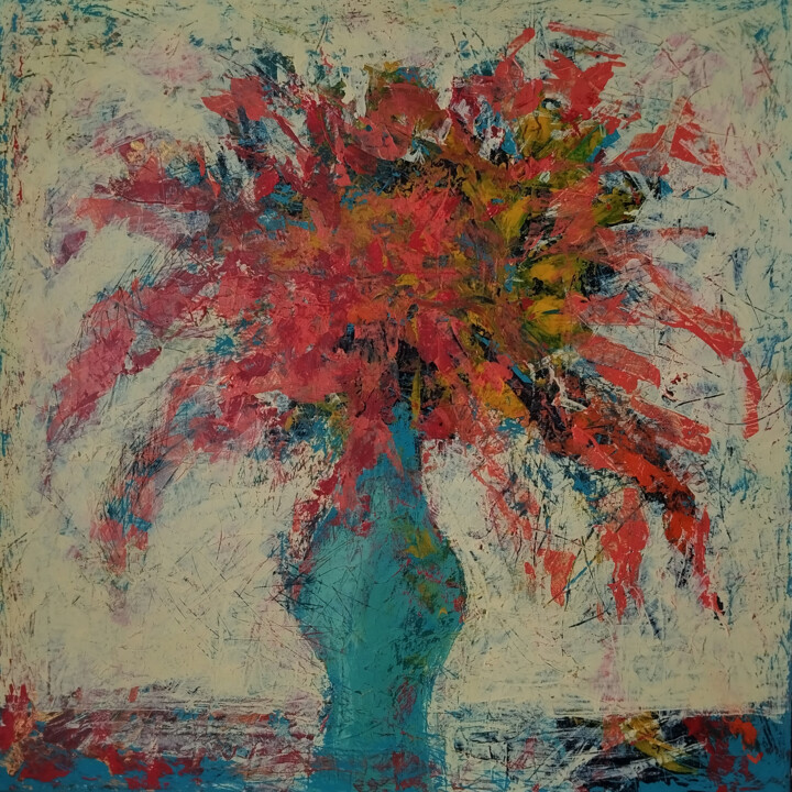 Painting titled "Flames in Teal" by So Zo, Original Artwork, Acrylic Mounted on Wood Stretcher frame