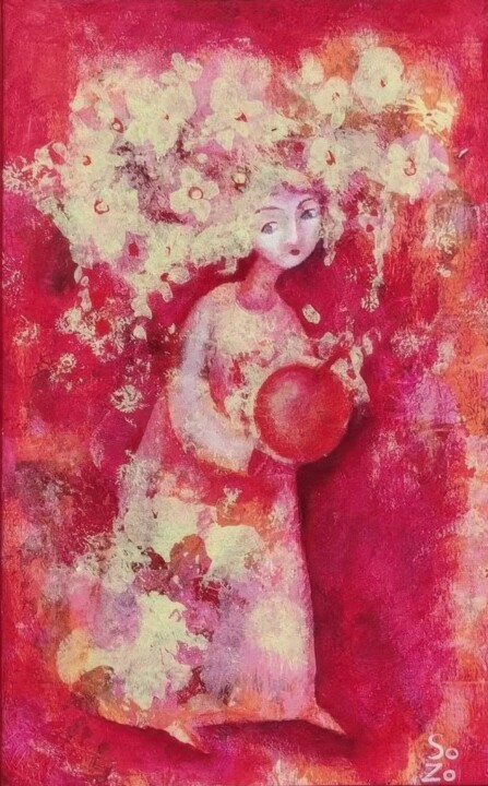 Summer Goddess Holding an Apple 绘画, 9.3x5.7 in