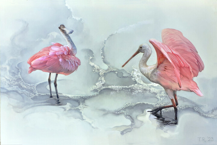 2 ROSEATE SPOONBILLS / "LA COQUETTE" Картина, 31,5x47,2 in
