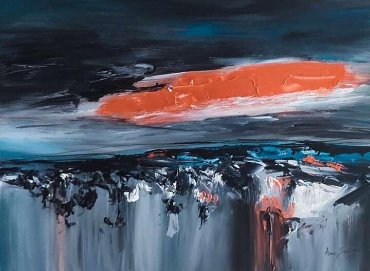 Le ciel se gâte - tableau abstrait noir bleu cuivre 绘画, 11.8x15.8 in