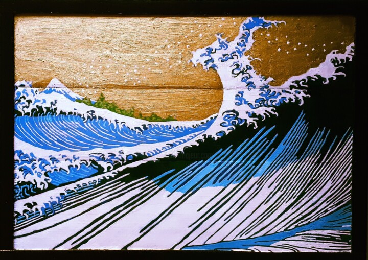 Peinture intitulée "Vague sous ciel doré" par Sebastien Audo, Œuvre d'art originale, Acrylique Monté sur Panneau de bois