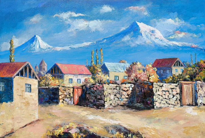 Schilderij getiteld "Mountain View Villa…" door Arto Mkrtchyan, Origineel Kunstwerk, Olie Gemonteerd op Frame voor houten br…