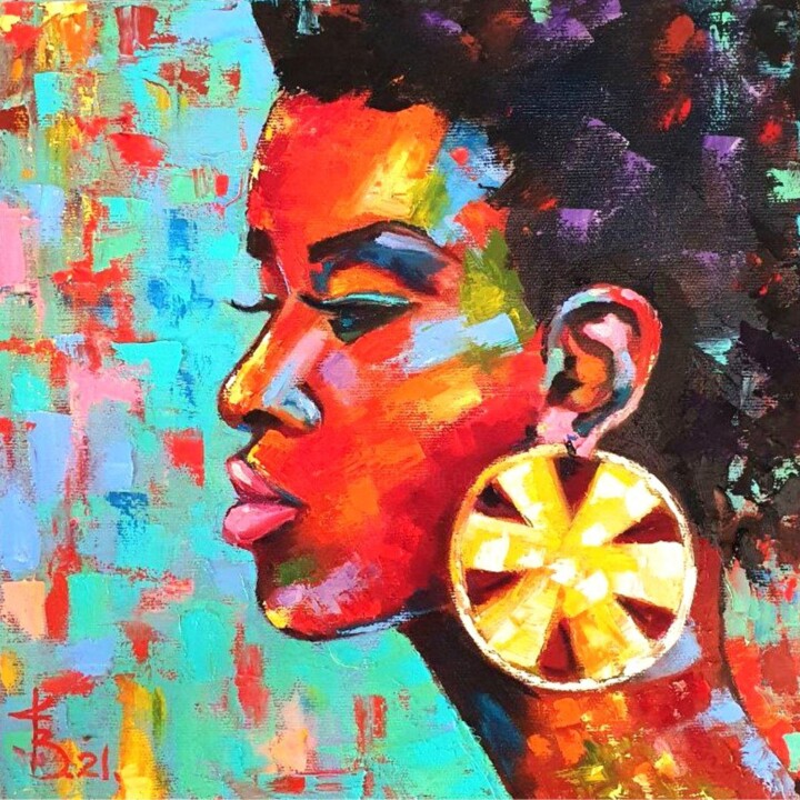 African woman oil painting bright colors Schilderij, 12x12 in