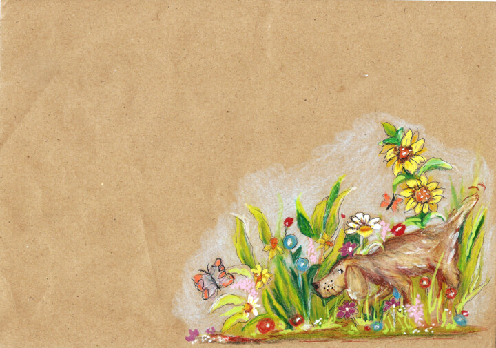 Cão a cheirar as flores. 绘画, 5.9x9.8 in