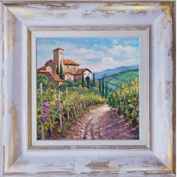 Village and its vineyard - Tuscany landscape & frame Картина, 11,8x11,8 in